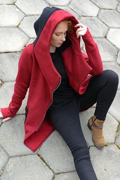 "Hooded Coat, Red Women Hoodie, Big Hood Hoodie Express Shipping to the USA, UPS Courier for free Delivery 3-5 Business Days Thanks for your love for the Hoodie/Tunic/Coat ♥ A short characteristic of this product... We present you a great asymmetrical sweater / jacket with a slightly longer front and a shorter length. The shirt has a unique shape and pattern, perfectly adhering to the silhouette. It has comfortable pockets that will fit all your trinkets, as well as a comfortable and large hood. Red Fleece Hooded Jacket With Adjustable Hood, Red Hooded Hoodie With Double-lined Hood, Red Double-lined Hoodie, Red Fleece Hooded Jacket, Red Cotton Outerwear With Drawstring Hood, Red Hoodie With Drawstring, Cozy Red Hoodie Outerwear, Red Fleece Hooded Jacket With Drawstring Hood, Red Hooded Jacket With Pockets