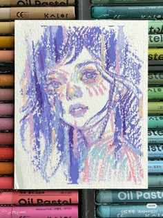 a drawing of a girl surrounded by crayons and pastel pencils on a shelf