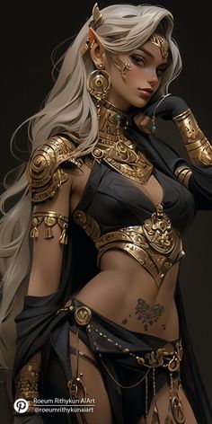 an image of a woman dressed as a warrior with long hair and gold jewelry on her chest