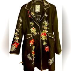 Gorgeous Like New Jacket/Duster. Vibrant Embroidery. Fall Black Intricately Embroidered Outerwear, Designer Embroidered Fall Outerwear, Designer Embroidered Outerwear For Fall, Designer Winter Outerwear With Intricate Embroidery, Embroidered Coat, Garment Sewing, New Jacket, Long A Line, Sewing Ideas