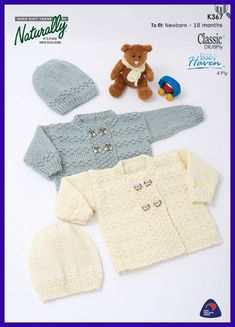 a knitted sweater, hat, and teddy bear are on the cover of a knitting pattern