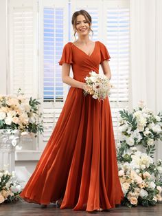 Fabric: Chiffon; Silhouette: A-Line/Princess; Neckline: V-Neck; Hemline/Train: Floor-Length; Embellishment: Ruffles; Split Side; Sleeve: Short Sleeves; Waist: Natural; Back Style: Zipper; Built-In Bra: Yes; Shown Color: Maple Red CWC#66; Season: Spring;Summer;Fall;Winter; Orange Bridesmaid Dresses Sleeves, V-neck Maxi Dress With Ruched Bodice For Bridesmaid, V-neck Bridesmaid Dress With Ruched Bodice For Wedding, V-neck Bridesmaid Evening Dress With Pleated Bodice, Bridesmaid Evening Dress With Pleated Bodice And V-neck, Prom Bridesmaid Dress With Pleated Bodice And V-neck, V-neck Ruched Maxi Dress For Wedding, V-neck Chiffon Bridesmaid Dress For Prom Season, V-neck Pleated Bridesmaid Dress