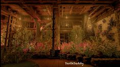 the interior of an old building with flowers and plants in pots on the floor next to it