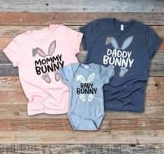 Customize these adorable Matching Family Easter Shirts to say Mommy Bunny, Daddy Bunny, Baby Bunny, use my examples or make up your own. Perfect Mommy and Me Easter Shirts for a baby's first Easter. This listing is for one shirt only to order multiples simply add each shirt one at a time.Colors can be changed upon request. These shirts are all made to order - design may vary slightly. Vinyl is adhered with a high temperature heat press. Shirts: Adult Unisex Heather Tshirts. These shirts are supe Cute Blue Tops For Family Occasions, Easter Bunny Print Cotton Tops, Cotton Bunny Print Top For Easter, Cute Cotton Tops With Bunny Design, Cotton Tops With Bunny Print For Easter, Cute Cotton Top With Bunny Design, Family Cotton Tops With Cartoon Print, Family Cartoon Print Cotton Tops, Playful Cotton Top With Bunny Print