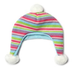 This hat is the perfect way to customize your stocking. Pair it with the matching scarf for the snow lovers in your life! Pull the Stocking Hanging Ribbon through the Hole in the Hat Pink, Purple, Green and Blue Stripes with White Pom-Poms Dimensions: 8" W x 9" H Weight: 1 oz Playful Winter Bonnet Cap, Playful Hats For Cold Weather, Playful Multicolor Hats For Cold Weather, Playful Adjustable Acrylic Hats, Playful Hats For Cold Weather, One Size Fits Most, Playful Cold Weather Hat, One Size Fits Most, Playful White Bonnet For Winter, Playful Blue Winter Beanie, Whimsical Multicolor Winter Hat