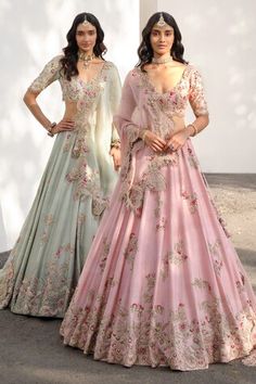 Pink attached cancan lehenga with all over floral embroidery using silver, pearl zardozi work. Paired with a padded blouse with similar embroidery work and dupatta with cutwork embroidered border. - Aza Fashions Pink Raw Silk Lehenga, Dolly J, Raw Silk Embroidery, Raw Silk Lehenga, Latest Bridal Lehenga, Lehenga Designs Simple, Zardozi Embroidery, Gaun Fashion, Indian Dresses Traditional