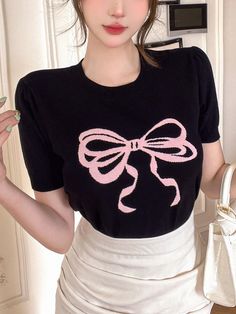 Women's Casual Short Sleeve Knitted Top With Bow Detail For Spring/Summer Black Casual  Short Sleeve Knitwear Graphic  Medium Stretch  Women Clothing, size features are:Bust: ,Length: ,Sleeve Length: Top With Bow, Estilo Hip Hop, Drop Shoulder Sweaters, Summer Black, Knitted Top, Top For Women, Affordable Clothes, Casual Everyday, Kids Sleepwear