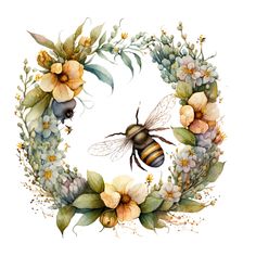 a watercolor painting of a wreath with flowers and a bee in the center on a white background