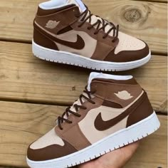 Nike Brown Mid-top Custom Sneakers, Casual Brown Jordan Shoes With Boost Midsole, Casual Brown High-top Jordan Shoes, Casual Brown Lace-up Jordan Shoes, Casual Brown Jordan Shoes With Round Toe, Nike Jordan Casual Leather Shoes, Air Jordan Ones, Custom Air Jordan, Nike Shoes Women Fashion