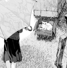 a black and white drawing of a woman holding an umbrella over a cat in a box