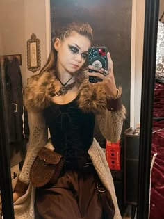 viking costume cosplay renaissance dress faux fur collar leather cuffs warrior makeup shield maiden Barbarian Woman Costume Diy, Vikings Women’s Outfit, Diy Viking Shield Maiden Costume, Vikings Costume Female, Viking Ren Faire Costume, Viking Woman Cosplay, Viking Warrior Woman Costumes, Easy Viking Costume, Viking Girl Costume