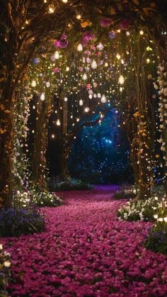 a pathway with flowers and lights in the middle is lit up by string lights that are hanging from the ceiling