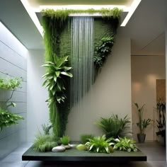 an indoor waterfall in the middle of a room with plants growing on it's sides