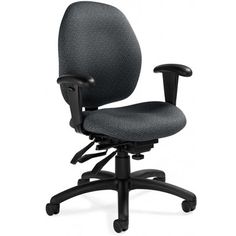 an office chair with black fabric upholstered back and arms