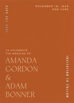 an orange wedding card with the words, to celebrate the wedding of amanda gordon and adam bonner