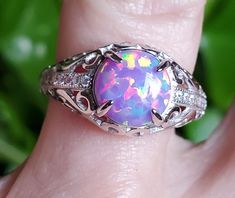 Fabulous Favorite Lavender Purple Multicolored Fire Lab Created Opal, 8mm Round, 925 Sterling Silver Vintage Style Filigree Ring With Cubic Zirconia Trim, Velvet Ring Box Included. Great Gift! Elegant Pink Opal Sterling Silver Ring, Elegant Pink Opal Ring In Sterling Silver, Purple Opal Ring Gift, Elegant Sterling Silver Opal Ring, Birthstone Colors Chart, Colors Chart, Lavender Opal, Purple Opal, Dream Rings