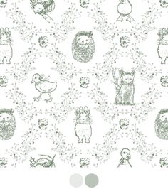 an animal themed wallpaper with various animals and plants in grey on a white background