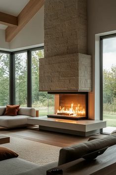 a living room filled with furniture and a fire place in the middle of it's wall