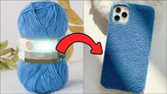 an iphone case that is blue and has a ball of yarn on top of it