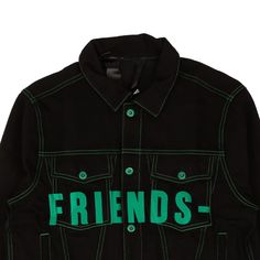 Men's Denim Jacket Black Button Down "Friends" Embroidered in Green on Front Green Stitching Front and Breast Pockets 100% Cotton Made in the USA VLN-XOTW-0006LH