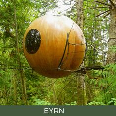 a tree house in the middle of a forest with trees around it and text that reads eyrn