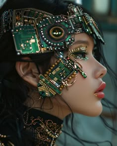 a close up of a woman wearing a mask with electronic components on it's face