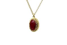 "Vibrance and intricacy come together in this elegant Garnet pendant necklace. A handcrafted gem necklace masterpiece you can flaunt everyday. This piece from our collection of birthstone necklaces will be an ideal gift for a January-born lady. ♥ Gemstone Type - Garnet (Lab Created) ♥ Gemstone Size - 10x14mm ♥ Gemstone Cut - Oval - More options available in the drop down menu ♥ Metal Type (Main Photo) - 14k Gold Filled - More options available in the drop down menu ♥ Length (Model Photo) - 45cm/ Formal Oval Pendant Gemstone Necklace, Luxury Oval Pendant Necklace For Gift, Oval Gemstone Necklaces For Celebration, Elegant Handmade Oval Link Necklaces, Classic Oval Handmade Necklaces, Elegant Oval Pendant Necklace For Gift, Formal Oval Gemstone Necklace, Oval Pendant Necklaces With Cabochon For Wedding, Oval Pendant Cabochon Necklace For Wedding