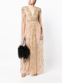 Jenny Packham Lotus Lady sequin-embellished Cape Gown - Farfetch Crystal Gown, Jenny Packham Dresses, Gown Gold, Cape Designs, Cape Gown, Gold Sequin Dress, Middleton Style, Kate Middleton Style, Royal Engagement