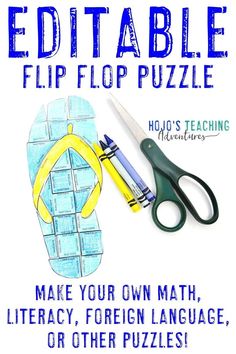 a pair of scissors next to a piece of paper with the words editable flip flop puzzle