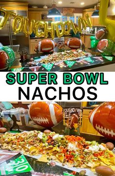 the super bowl nachos are ready to be served at any football themed party