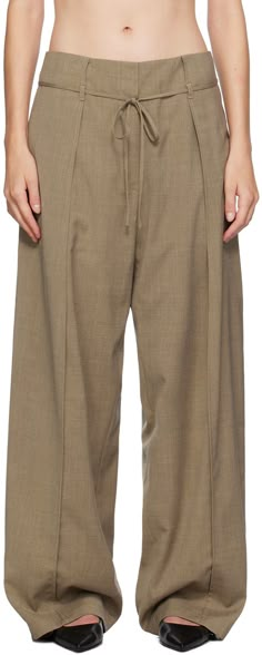 Wide-leg stretch plain-woven wool- and polyester-blend trousers. · Drawstring at waist · Four-pocket styling · Zip-fly · Pleats and pinched seams at front · Full satin lining Supplier color: Brown