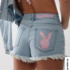 Playboy By Pacsun Pink Bunny High Waisted Festival Denim Short The New Playboy By Pacsun Collection Brings A Pop Of Color To Your Next Look With The Pink Bunny High Waisted Festival Denim Shorts. These Classic High-Rise Shorts Have A Classic Light Blue Wash With A Frayed Hem And Pink Playboy Bunny Graphics Throughout. Fit+ Sizing High Rise 10.5” Rise 2.5 Inseam Fabrication + Care Light Blue Wash Zip Fly Closure 5 Pocket Body Frayed Hem 100% Cotton Machine Washable These Jean Shorts Are Sold Out Pink Y2k Bottoms For Spring, Y2k Style Short Jeans For Summer, Y2k Style Short Summer Jeans, Y2k Pink Denim Bottoms, Pink Y2k Denim Bottoms, Y2k Pink Bottoms For Summer, Y2k High Waist Bottoms For Day Out, Y2k Style Pink Bottoms For Summer, Trendy Spring Jean Shorts