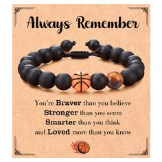 an image of a bracelet with basketball balls on it and the words, always remember you're braver than you believe