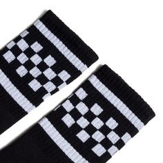 Black athletic socks with two white stripes and checkers in between. For men, women and kids. Trendy Black Cotton Knee-high Socks, Casual Black Knee-high Socks For Streetwear, Black Socks For Winter Streetwear, Black Socks For Streetwear In Winter, Black Cotton Sporty Socks, Black Knee-high Socks For Winter Streetwear, Black Cotton Knee-high Socks For Winter, Black Socks For Streetwear, Black Casual Socks For Streetwear