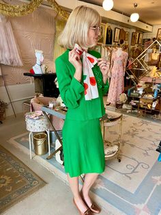 "1960s woven cotton kelly green tailored skirt suit with scalloped detail down the front and on the cuffs. Gold starfish on green buttons. Such a unique one of a kind suit! Fit: XS or Small Jacket - Bust: 34-36\" Waist: up to 32\" Length: 21\" Skirt - Waist: 26\" Hips: 37\" Length: 23.5\" Condition: Excellent Vintage Condition. All sales are final. Thank you for shopping small + sustainable. 💚" Chic Fitted Green Skirt Suit, Chic Green Fitted Skirt Suit, Green Skirt Suit For Spring Party, Tailored Green Long Sleeve Skirt Suit, Tailored Green Skirt Suit With Long Sleeves, Classic Fitted Green Skirt Suit, Classic Green Fitted Skirt Suit, Fitted Green Skirt Suit For Spring, Spring Green Fitted Skirt Suit