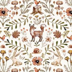 an animal and flowers pattern on a white background