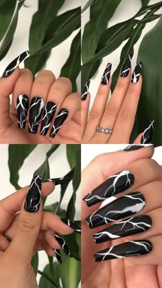 Black Monochrome Nails, Black Nails With White Design, Black Gel Nail Designs, Black N White Nails, Acrylic Nail Designs Black, Black Marble Nails, Black Acrylic Nail Designs, Black Gel Nails, Black And White Nail