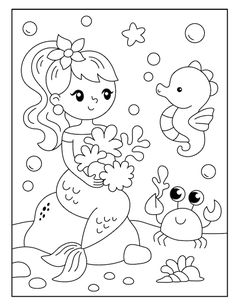 a little mermaid and her crab under the sea coloring pages for kids to print out