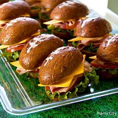 several sandwiches with cheese and meat on them in a plastic tray sitting on green grass