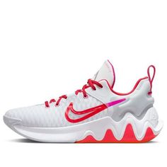 a white and red nike basketball shoe on a white background with the word nike written in pink