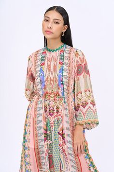 Multicolor kaftan dress with kaleidoscopic print and pintuck detailing on yoke. - Aza Fashions Kaftan Dress, Balloon Sleeves, Pin Tucks, Dress For Women, Women Dresses, Aza Fashion, Dresses Maxi, Multi Color, Womens Dresses