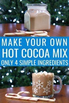 hot cocoa mix in a glass mug with cinnamon sticks on the table next to it