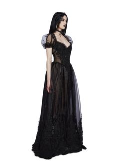 where for out thou lover. This maxi dress has a sheer lace construction, ruffled puff sleeves, floral appliques, and a lace trim. Gothic Bridesmaid Dresses, Vamp Outfit, Fitted Floor-length Gothic Dress, Ethereal Goth, Spring Gothic Maxi Dress, Black Lace Dress Goth, Gothic Lace Overbust Dress, Gothic Bridesmaids, Goth Prom Dress