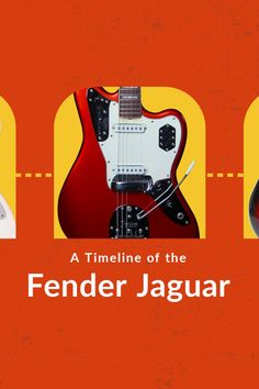 three guitars with the words fenderer jaguar in front of them and an orange background