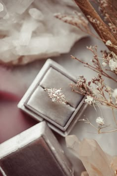 an engagement ring sitting on top of a box next to some dried flowers and rocks