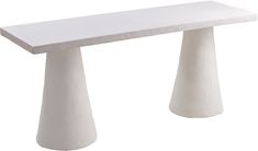 a white bench sitting on top of a white floor next to two tall pillars in front of a white background