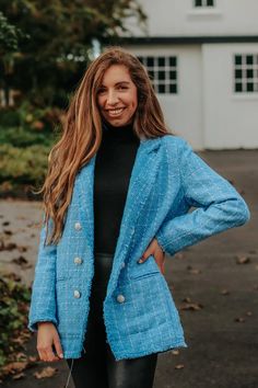 My favorite way to add a pop of color is with a blazer - and this one is perfect for the fall, or any time of year. Full outfit details in the blog post. #fallfashion #fallblazer #colorfulblazer #blueblazer #blazerinspiration Chicwish Outfits, Fall Trends 2023, Blue Tweed Blazer, Style A Blazer, Fall Work Outfits, A Year In Review, Transitional Outfits, Fall Blazer, Fall Outfits Ideas