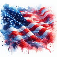 an american flag is painted in red, white and blue colors with watercolor splashes