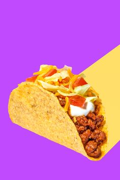 a taco filled with meat, cheese and other toppings on a purple and yellow background