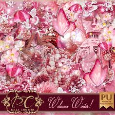 a pink wallpaper with flowers and butterflies